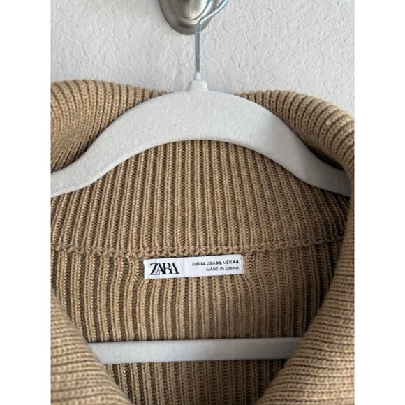 Zara Men’s Full Zip Wool Blend Sweater Tan Medium Chunky Knit Pockets Size XL - Picture 4 of 13